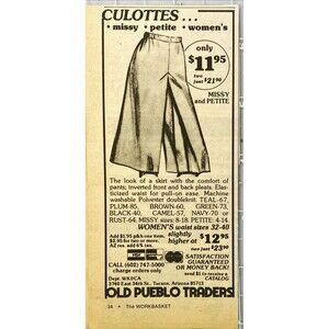 Old Pueblo Traders "Culottes only $11.95 Missy & Petite" Vintage Print Ad 1982